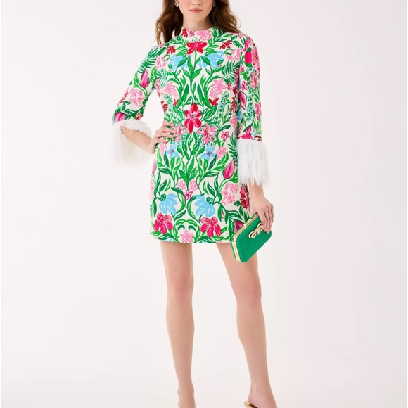 💚🩷 Lily Pulitzer- Agnes Skirted Romper-  Feather Cuffs- with MATCHING Headband🩷💚 - Picture 3 of 7